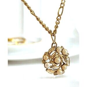 Vintage Faux Champagne Pearl Filigree Pendant Necklace 14kGP Gold Chain 20"